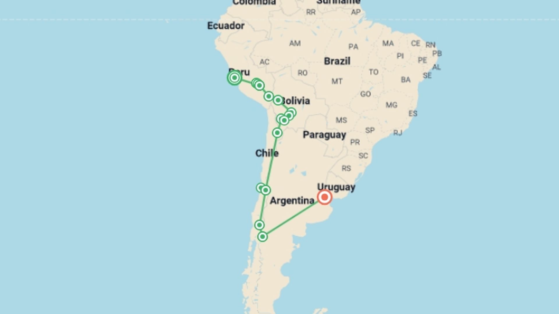 A map showing the tour itinerary for the trip: The Scenic Route - Lima to Buenos Aires, starting in Lima, Peru and ending in Buenos Aires, Argentina going through 14 other destinations.