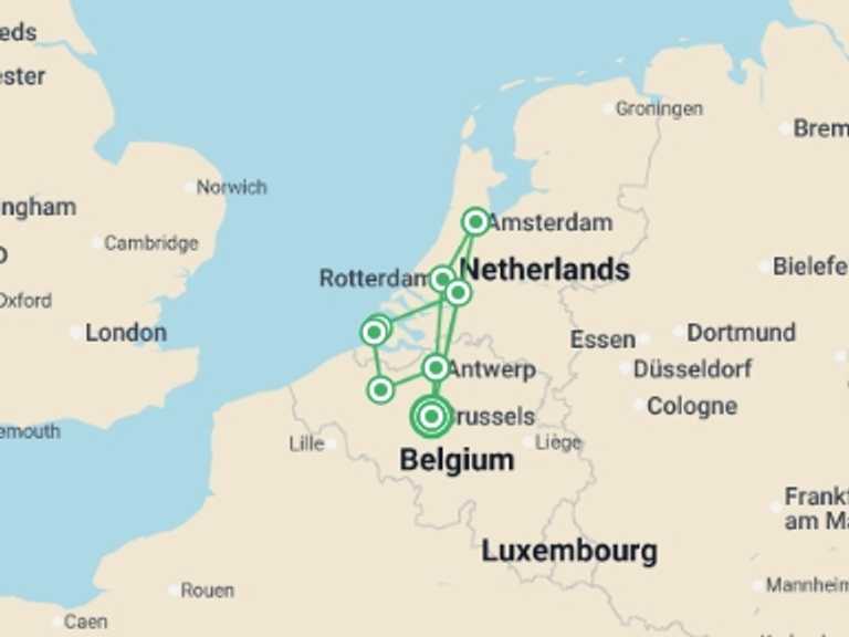 Map of a Cruise Tour with 8 destination visits for the trip: Northern European Culture and Charm: A Cruise between The Netherlands and Belgium. (port-to-port cruise)