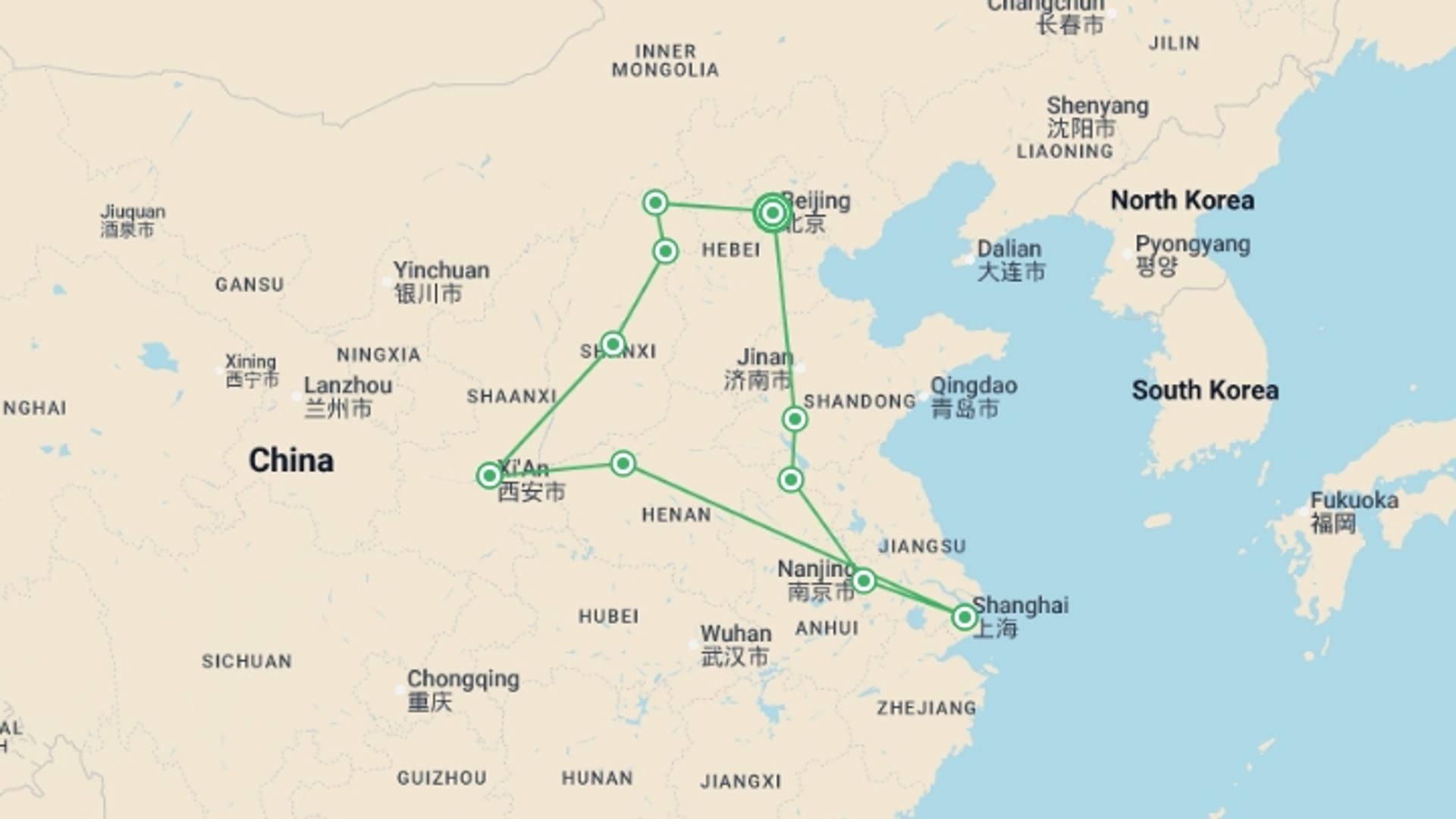 A map showing the tour itinerary for the trip: Great China, starting in Beijing, China and ending in Beijing, China going through 9 other destinations.