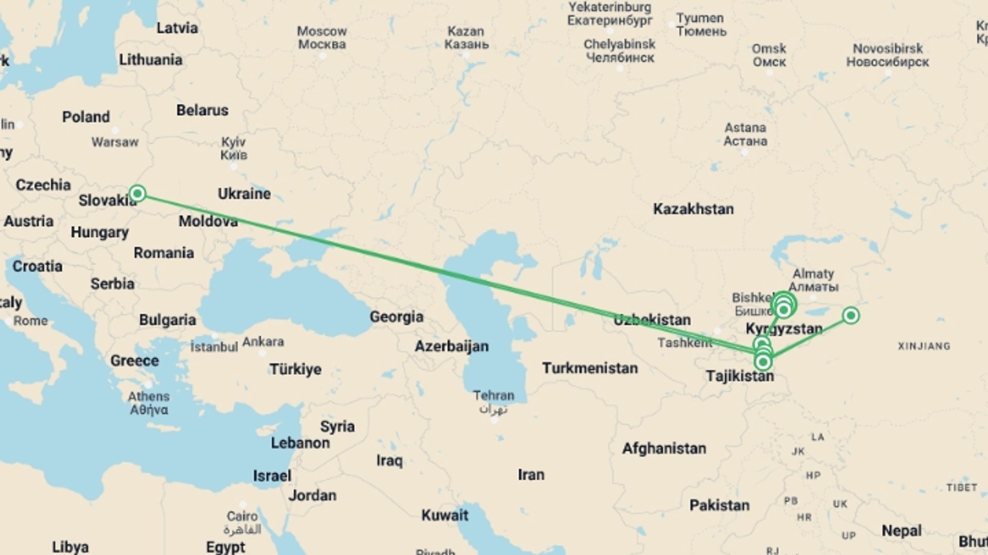 A map showing the tour itinerary for the trip: Peak Lenin Base Camp Trek, starting in Bishkek, Kyrgyzstan and ending in Bishkek, Kyrgyzstan going through 9 other destinations.