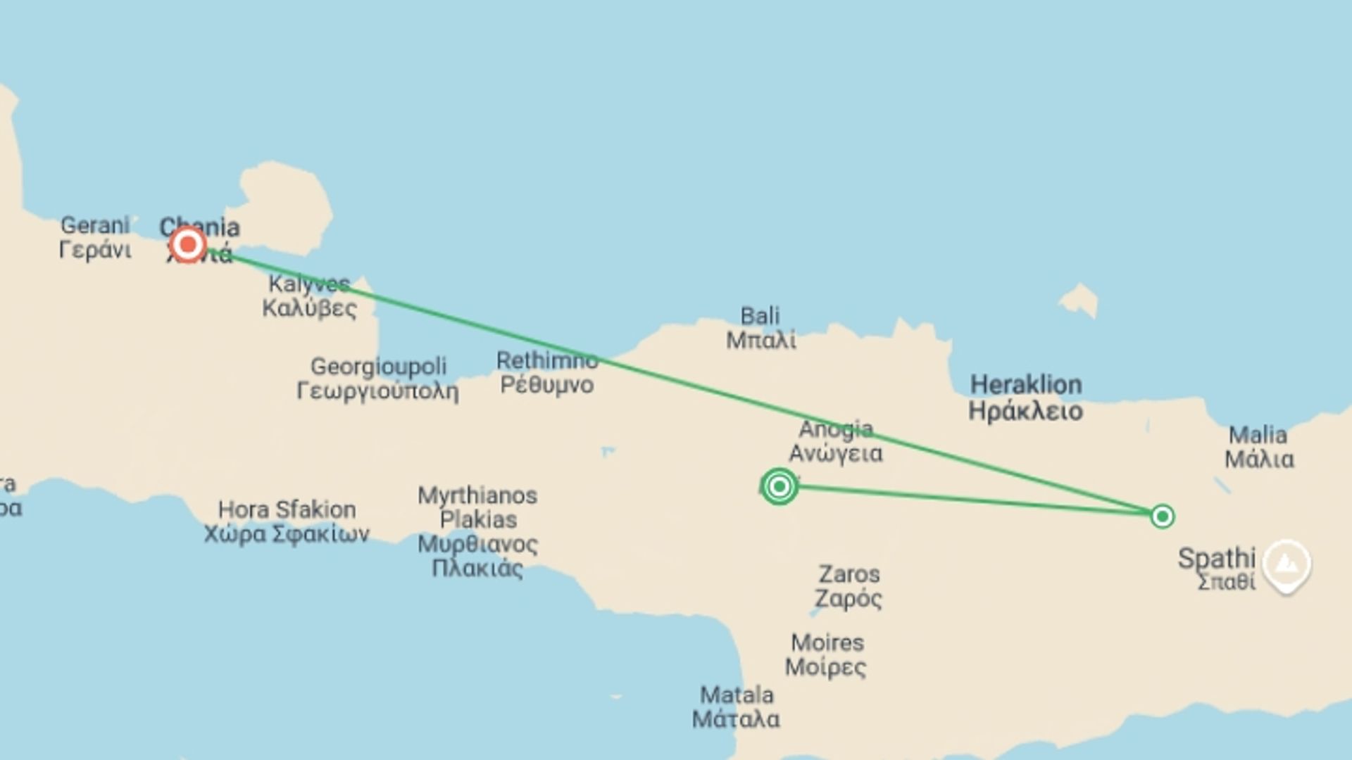 A map showing the tour itinerary for the trip: Painting Holiday in Crete, starting in Crete, Greece and ending in Chania, Greece going through 1 other destinations.