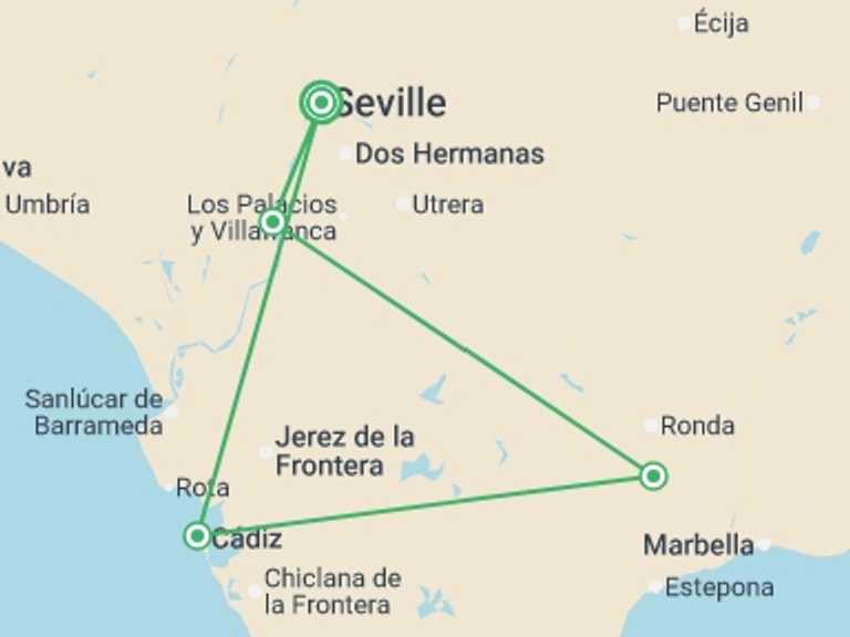Map of Spain Tour with 4 destination visits for the trip: Amazing Andalusia: Enchanting Villages, Traditional Architecture, and Fabulous Cuisine (port-to-port cruise)