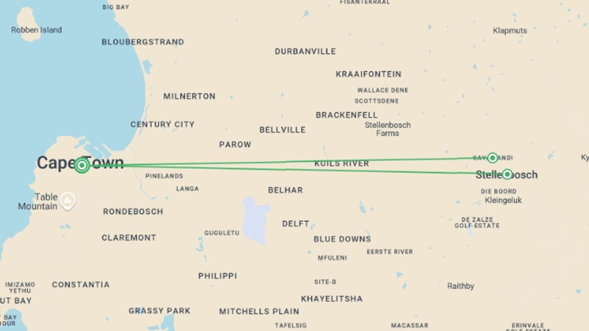 A map showing the tour itinerary for the trip: Cape Town's Culture And Cuisine, Private Tour, starting in Cape Town, South Africa and ending in Cape Town, South Africa going through 2 other destinations.
