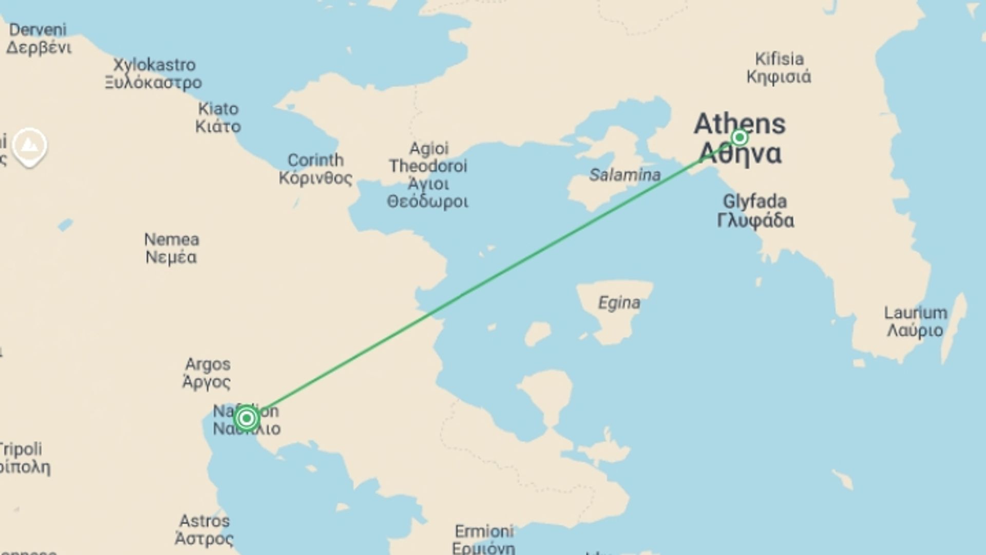 A map showing the tour itinerary for the trip: 2 Days Argolis Tour Epidavros, Mycenae, Nafplion, starting in Nafplion, Greece and ending in Nafplion, Greece going through 1 other destinations.