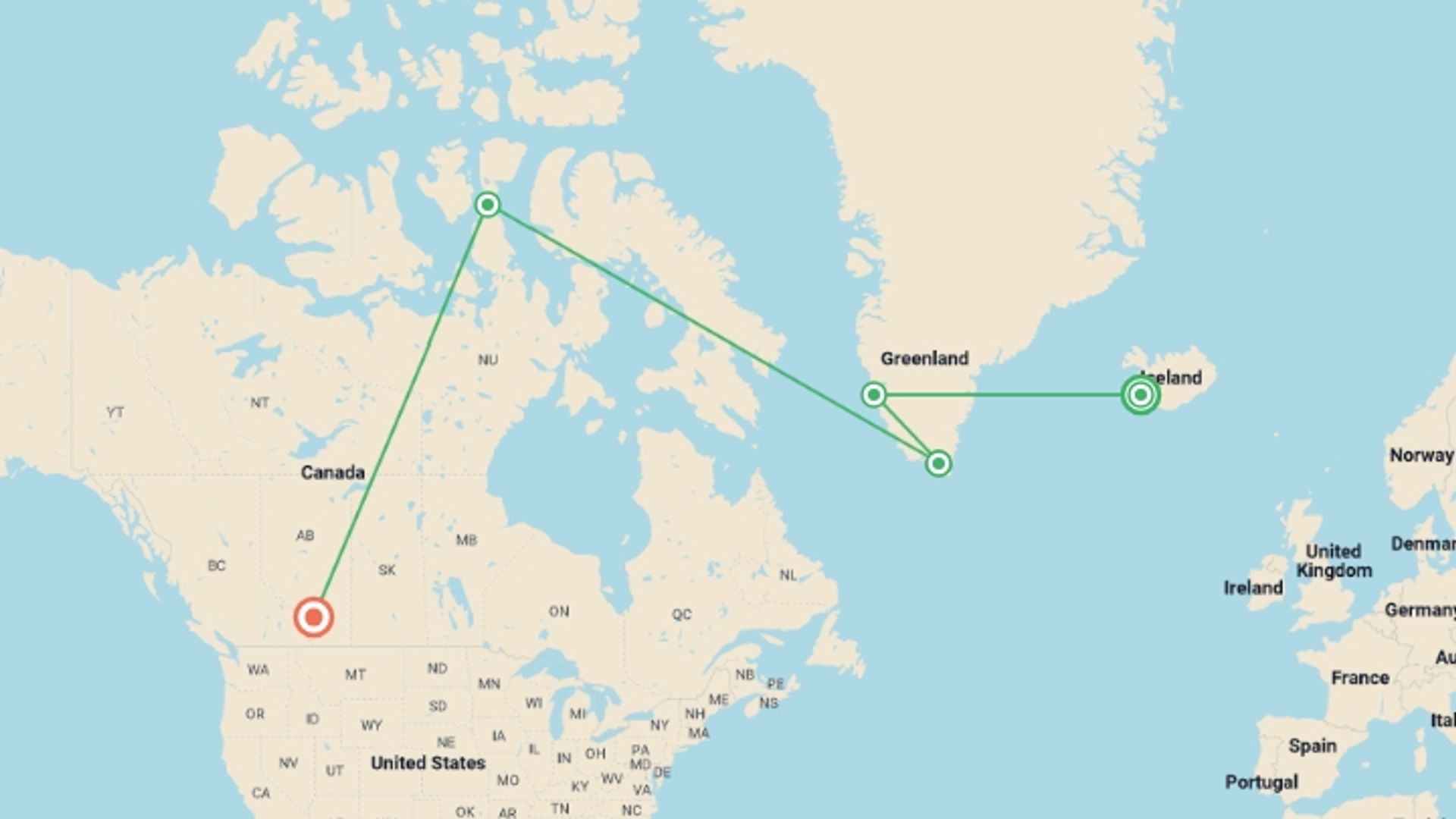 A map showing the tour itinerary for the trip: Northwest Passage: The Legendary Arctic Sea Route, starting in Reykjavik, Iceland and ending in Calgary, Canada going through 4 other destinations.