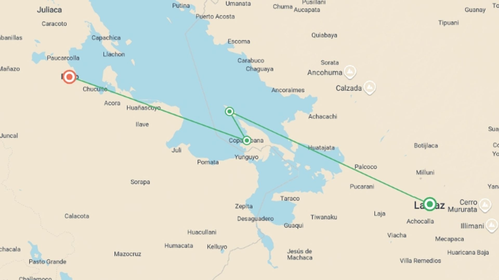 A map showing the tour itinerary for the trip: Lake Titicaca & Isla del Sol Adventure 2D/1N (La Paz to Puno), starting in La Paz, Bolivia and ending in Puno, Peru going through 1 other destinations.