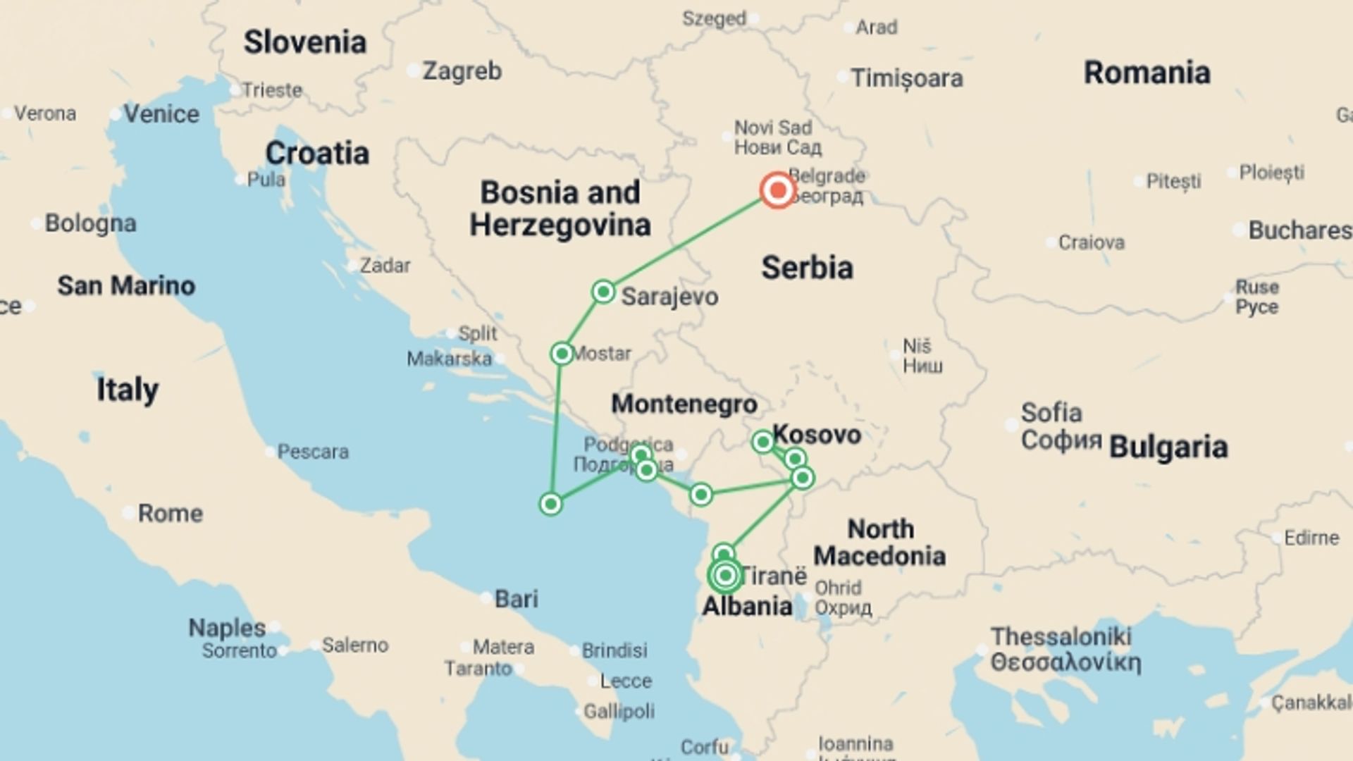 A map showing the tour itinerary for the trip: Tirana, Kosovo & Kotor to Sarajevo - 8 days, starting in Tirana, Albania and ending in Belgrade, Serbia going through 5 other destinations.