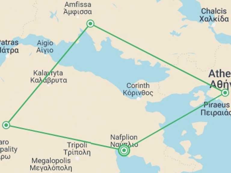 Map of 4-Day Athens Tour with 4 destination visits for the trip: 4 Days Mainland Greece With Meteora And Nafplion