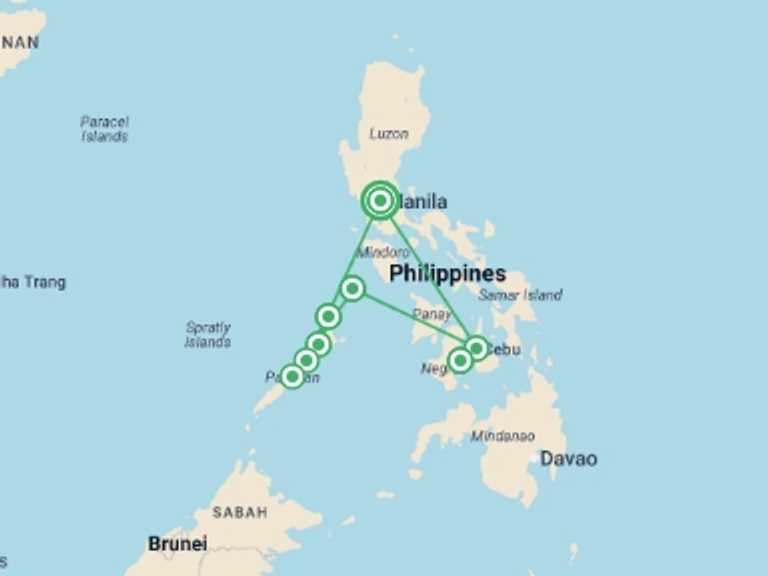 Map itinerary of Asia Tour in September 2026 with 7 destination visits for the trip: Highlights of the Philippines Adventure - 17 days