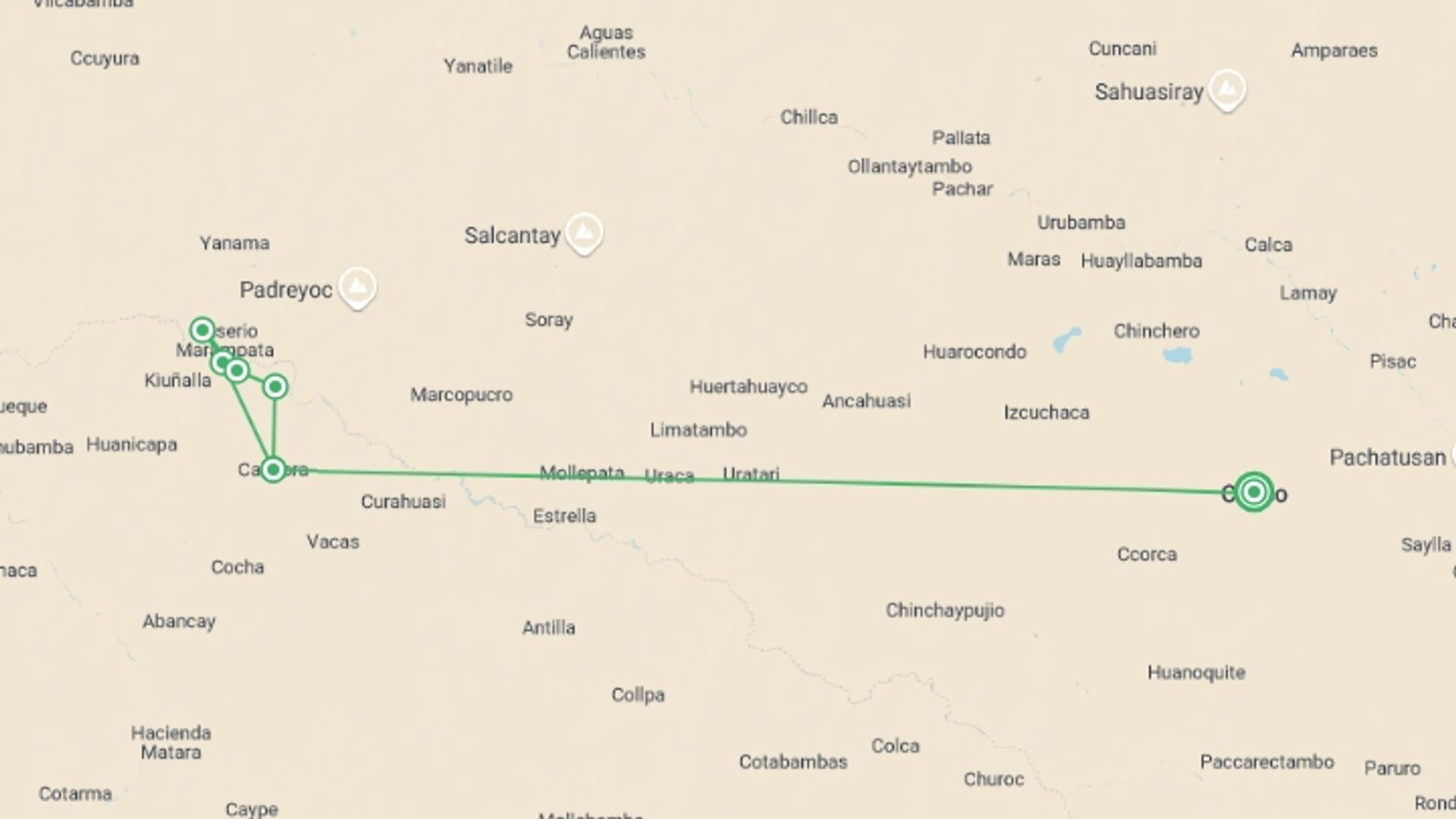 A map showing the tour itinerary for the trip: 4-Day Choquequirao Trek Tour from Cusco, starting in Cusco, Peru and ending in Cusco, Peru going through 3 other destinations.