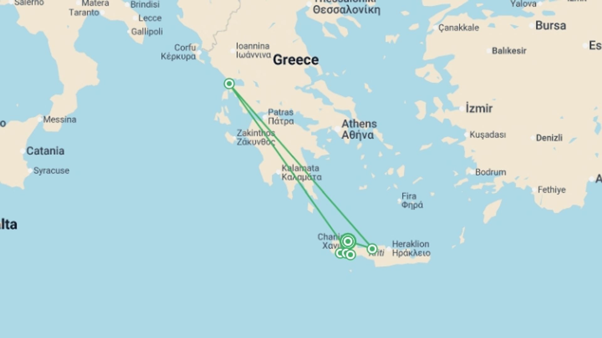 A map showing the tour itinerary for the trip: Walking in Crete, starting in Chania, Greece and ending in Chania, Greece going through 6 other destinations.