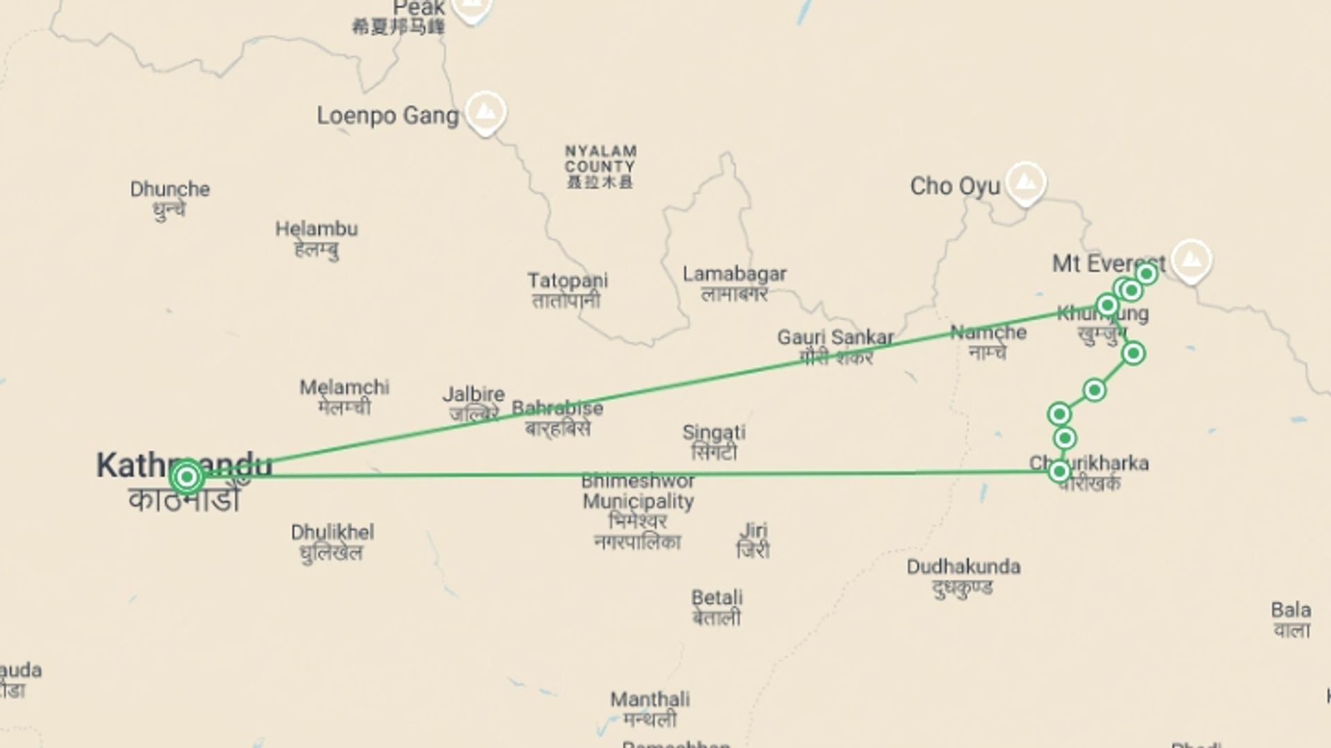 A map showing the tour itinerary for the trip: Everest Base Camp High Flyer in Comfort, starting in Kathmandu, Nepal and ending in Kathmandu, Nepal going through 8 other destinations.