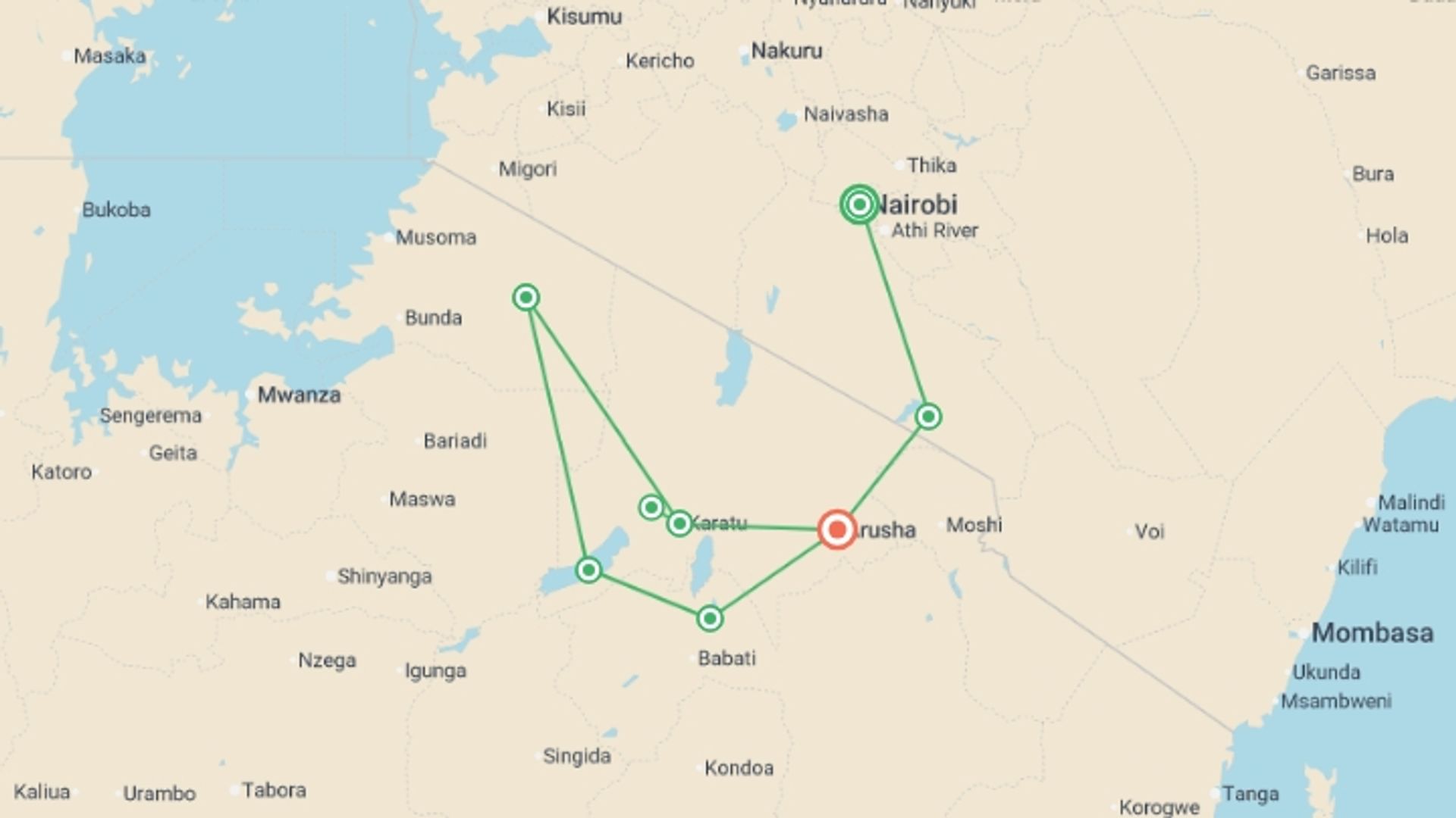A map showing the tour itinerary for the trip: African Safari: Kenya & Tanzania, starting in Nairobi, Kenya and ending in Arusha, Tanzania going through 5 other destinations.