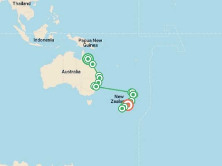 Map itinerary of Auckland Tour in October 2026 with 17 destination visits for the trip: Highlights of Australia and New Zealand