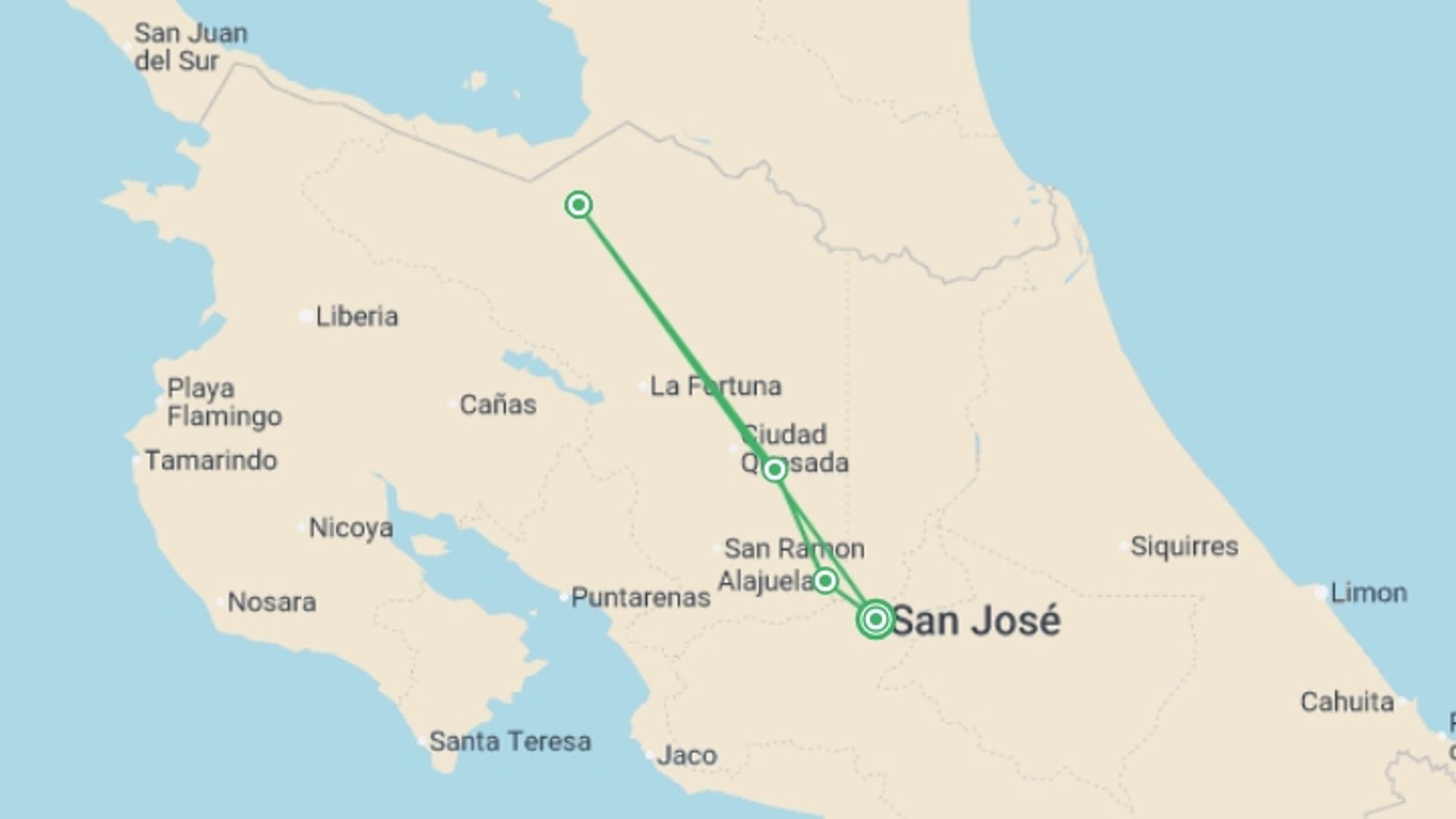 A map showing the tour itinerary for the trip: Signature Costa Rica | Where the Wild Answers, starting in San Jose, Costa Rica and ending in San Jose, Costa Rica going through 3 other destinations.