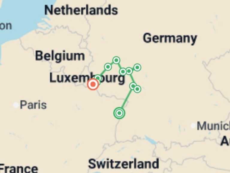Map itinerary of Europe Tour in April 2027 with 8 destination visits for the trip: 5 Different Rivers: The Rhine, Neckar, Main, Moselle, and Saar (port-to-port cruise)