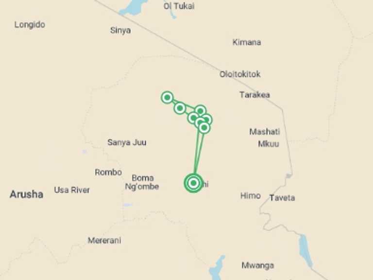 Map of 10-Day Africa Tour with 8 destination visits for the trip: Kilimanjaro - Lemosho Trek