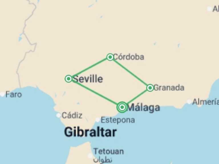 Map itinerary of Europe Tour in Spring with 4 destination visits for the trip: Heart Of Andalusia 8 Days, Self-drive