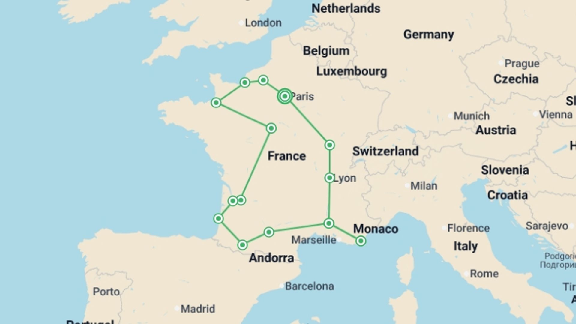 A map showing the tour itinerary for the trip: Highlights of France, starting in Paris, France and ending in Paris, France going through 7 other destinations.