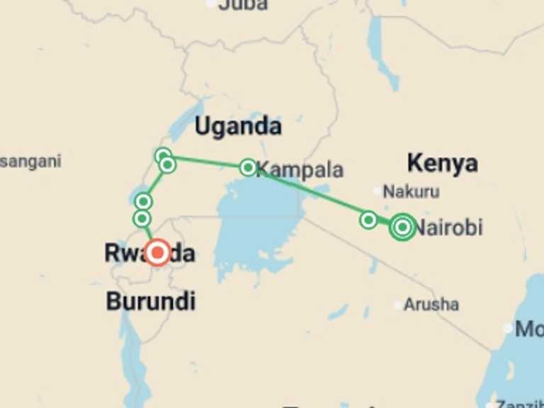 Map of Nairobi National parks Tour with 8 destination visits for the trip: Masai Mara & Gorilla Adventure