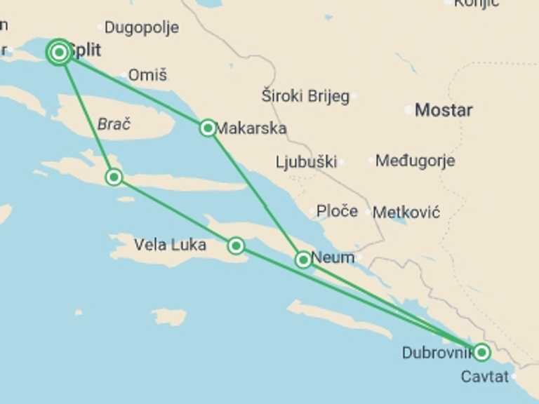 Map itinerary of Europe Tour in July 2026 with 6 destination visits for the trip: Croatia Island Sail