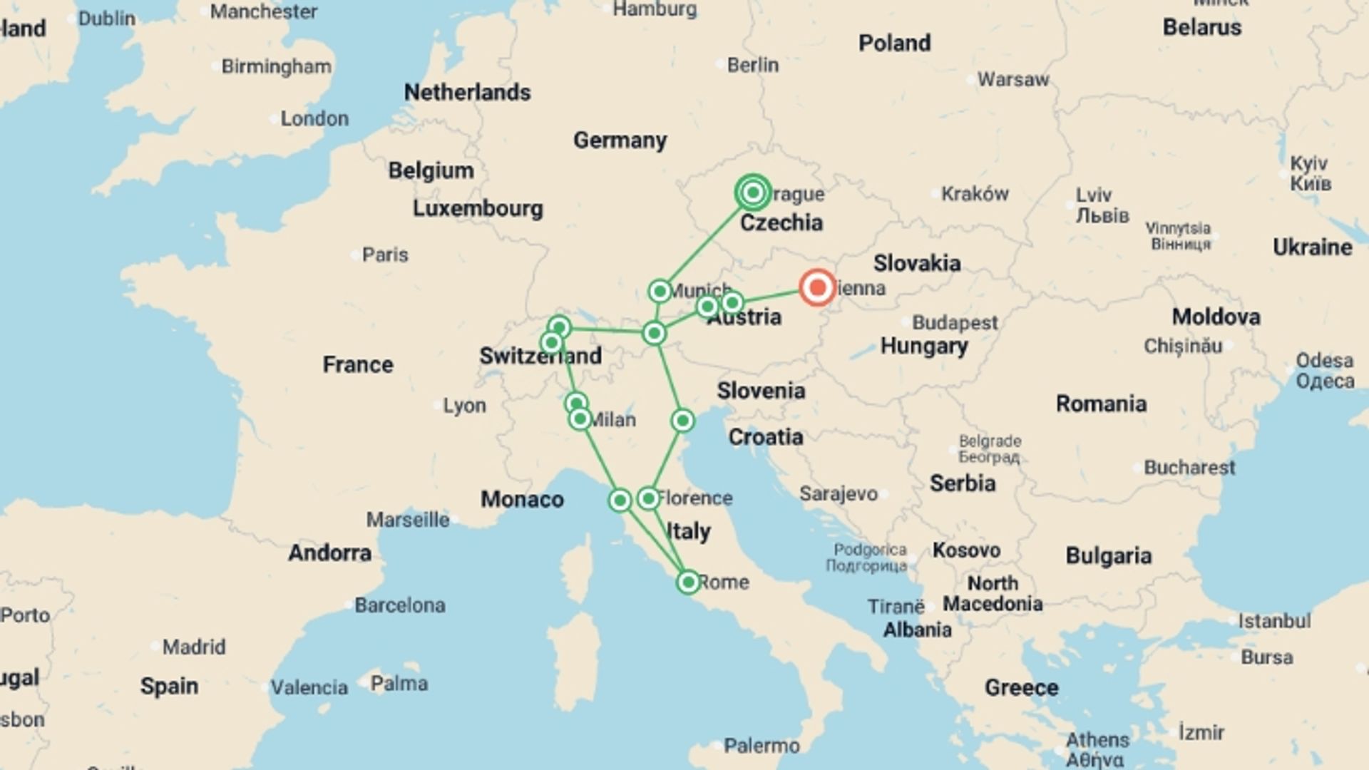 A map showing the tour itinerary for the trip: Central Europe, starting in Prague, Czech Republic and ending in Vienna, Austria going through 7 other destinations.