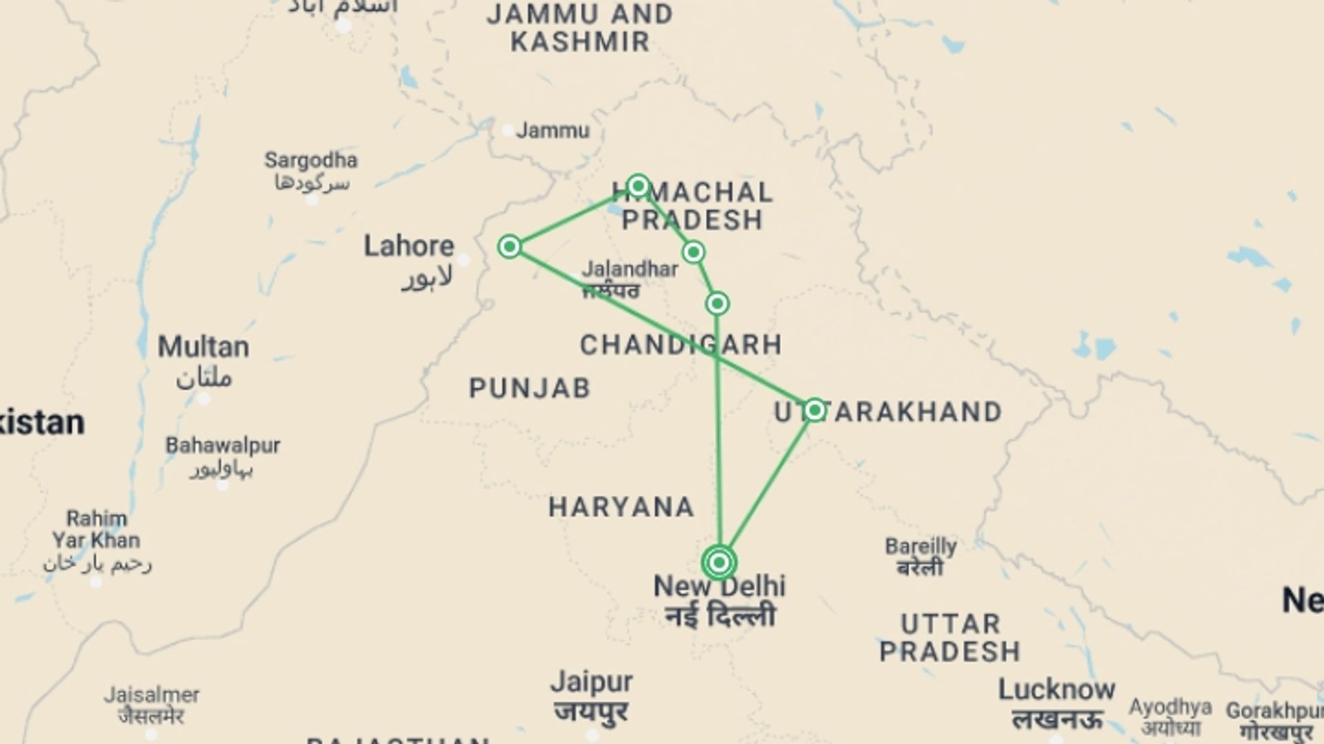 A map showing the tour itinerary for the trip: Mountains & Mystics of India, starting in New Delhi, India and ending in New Delhi, India going through 5 other destinations.