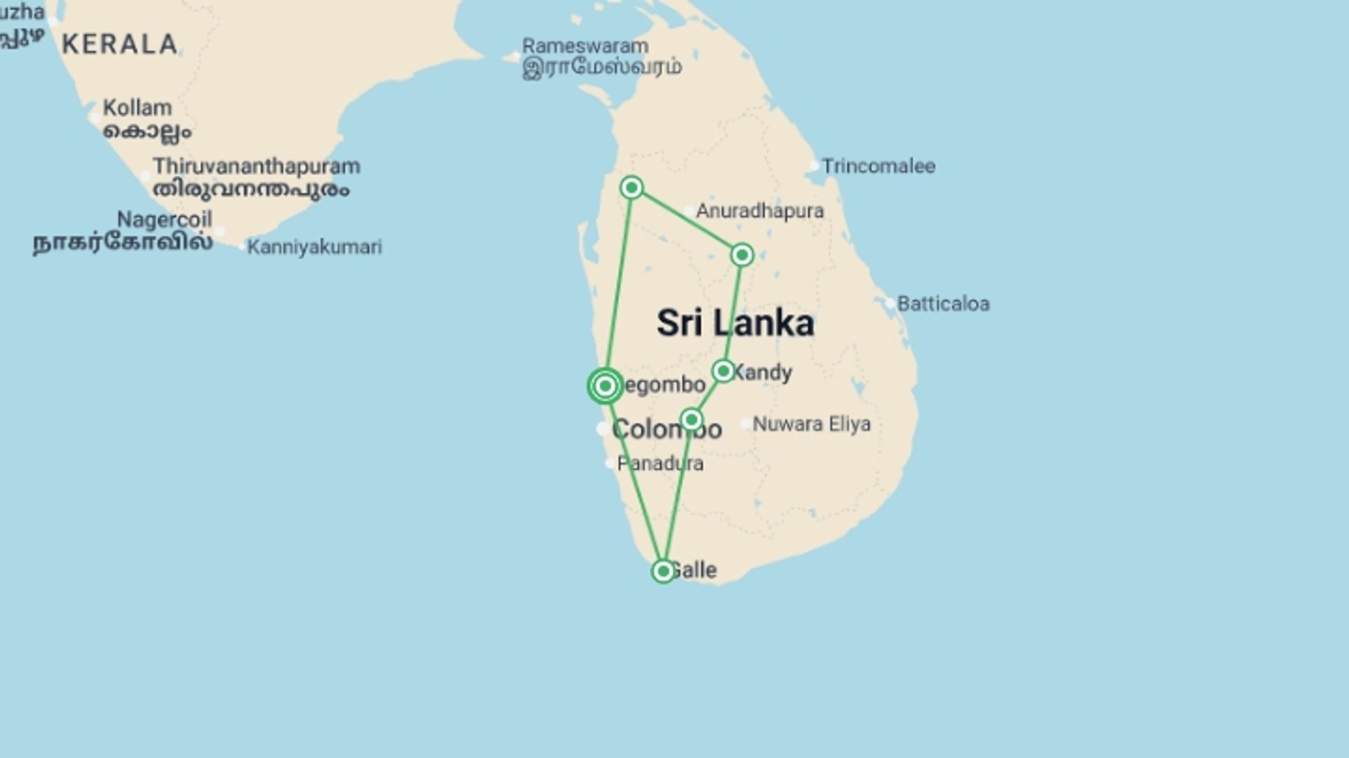 A map showing the tour itinerary for the trip: Family Highlights of Sri Lanka, starting in Negombo, Sri Lanka and ending in Negombo, Sri Lanka going through 5 other destinations.