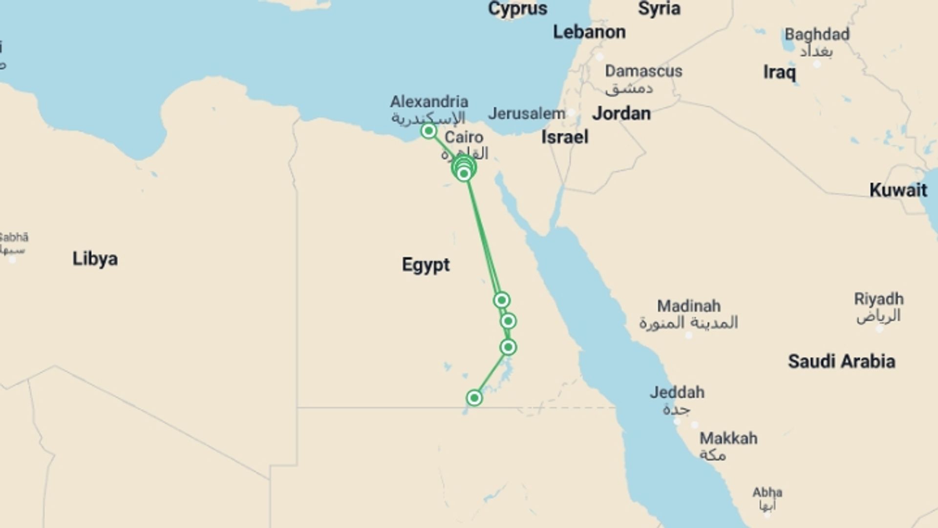 A map showing the tour itinerary for the trip: Iconic Egypt Tour: Cairo, Alexandria, Nile & Abu Simbel, starting in Cairo, Egypt and ending in Cairo, Egypt going through 4 other destinations.