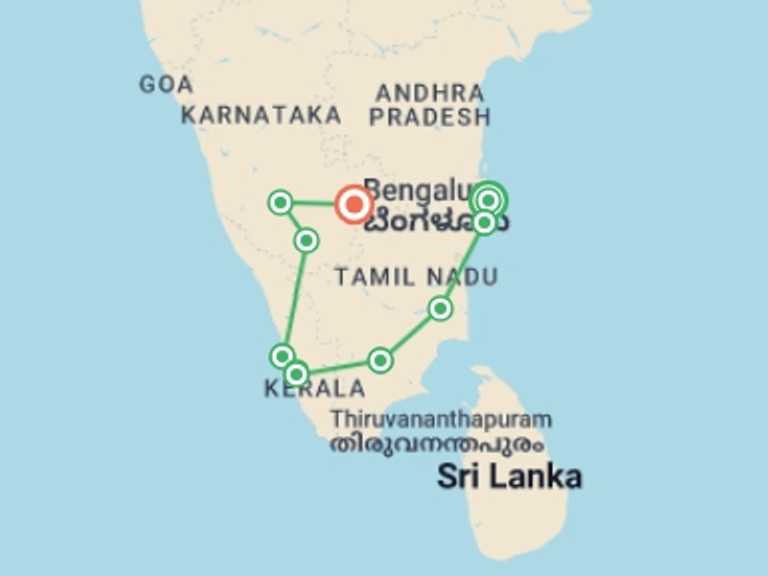 Map itinerary of India Tour in Summer with 10 destination visits for the trip: South India With Karnataka Extension, French-speaking Guide, Private Tour