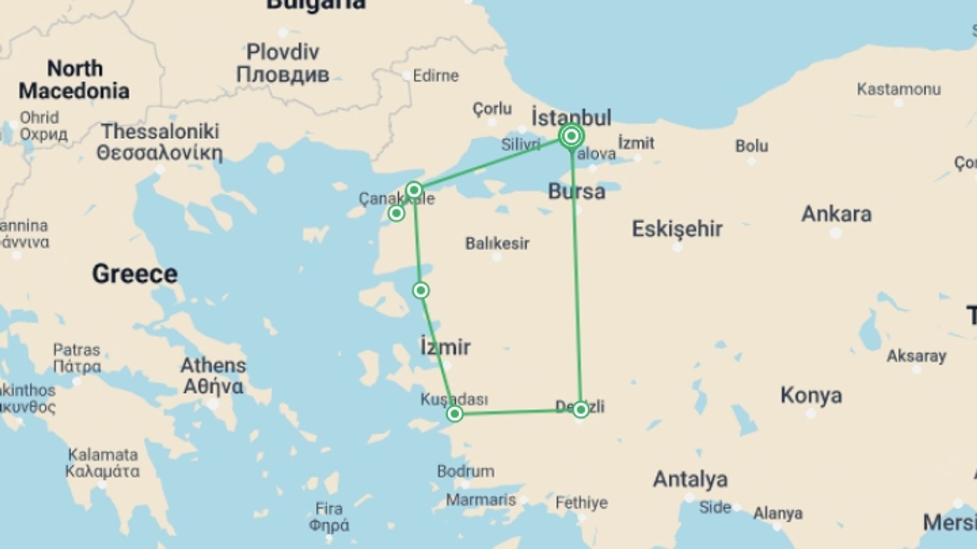 A map showing the tour itinerary for the trip: Anzac Day Tour-9 Days, starting in Istanbul, Turkey and ending in Istanbul, Turkey going through 5 other destinations.