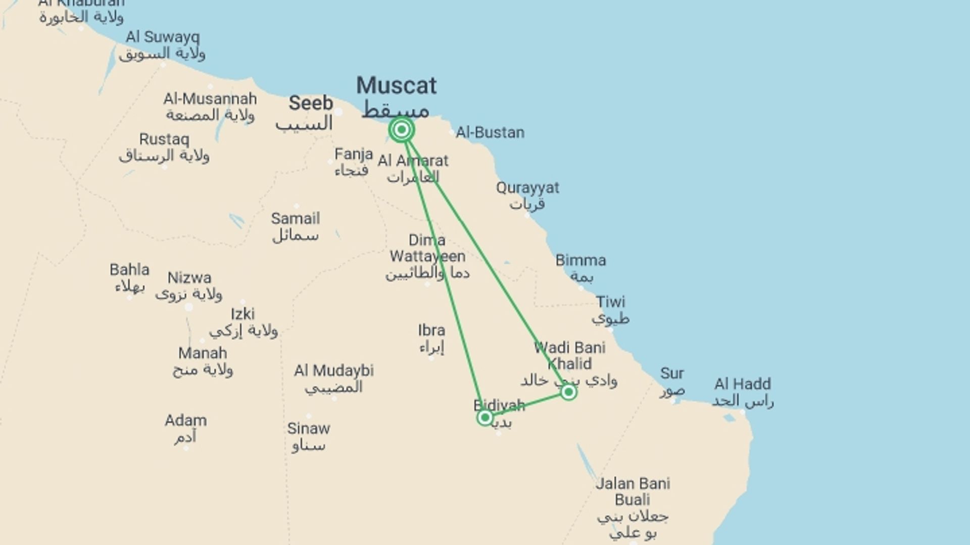 A map showing the tour itinerary for the trip: Flavours Of Oman, starting in Muscat, Oman and ending in Muscat, Oman going through 1 other destinations.