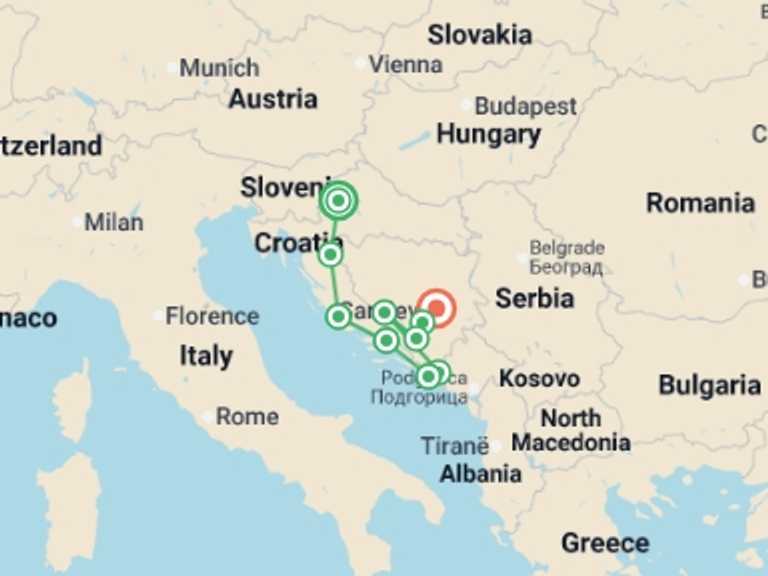 Map itinerary of Mediterranean Tour in July 2026 with 10 destination visits for the trip: Classic Balkans:  Zagreb to Sarajevo