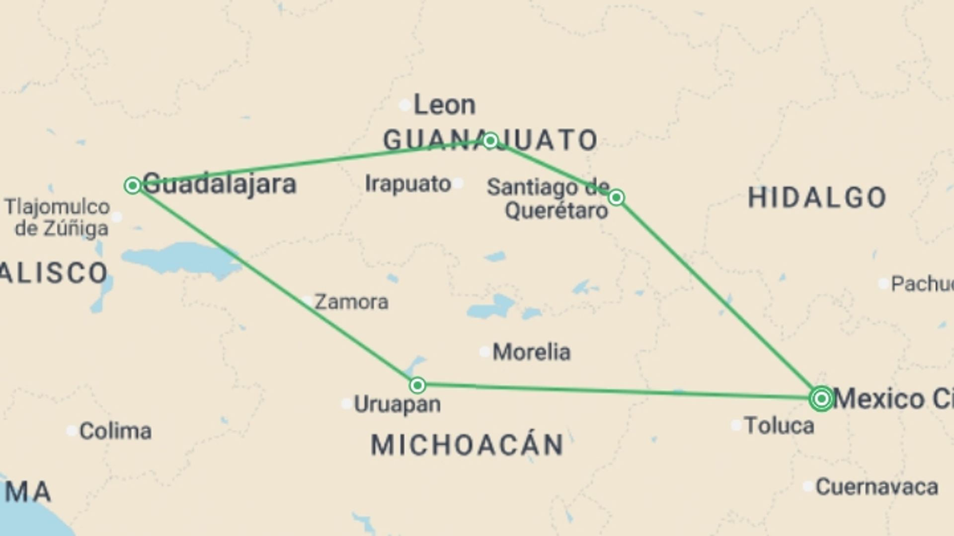 A map showing the tour itinerary for the trip: Captivating Cities and Culture of Mexico - 9 days, starting in Mexico City, Mexico and ending in Mexico City, Mexico going through 3 other destinations.