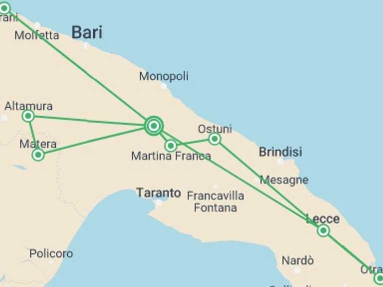 Map of Italy Self-drive or vehicle rental Tour with 3 destination visits for the trip: Apulia & Lecce, Self-drive