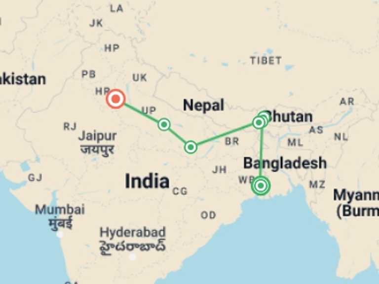 Map itinerary of India Tour in September 2027 with 7 destination visits for the trip: North & Northeast India 