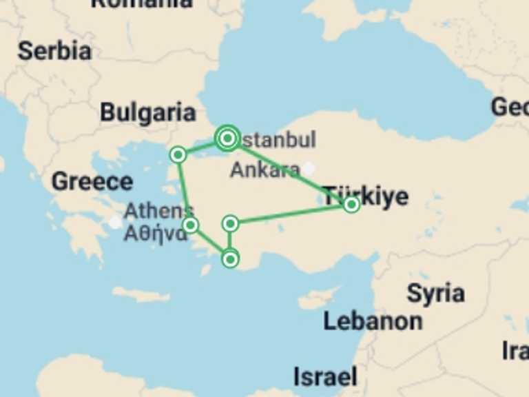 Map itinerary of Turkey Tour in August 2026 with 7 destination visits for the trip: Amazing Turkey by Land (5 & 4 Star Hotels)