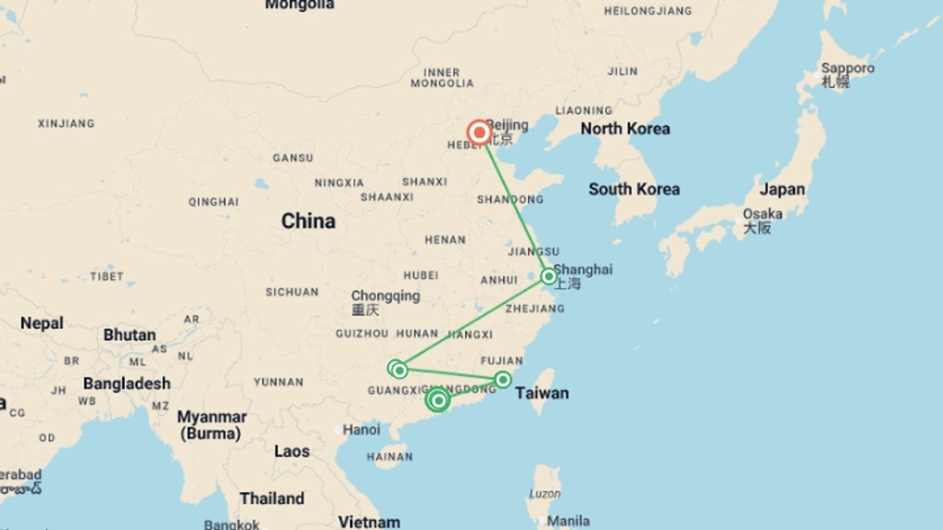 A map showing the tour itinerary for the trip: China Explorer, Private Tour, starting in Guangzhou, China and ending in Beijing, China going through 3 other destinations.