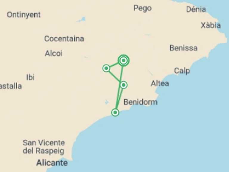 Map itinerary of Spain Tour in February 2026 with 7 destination visits for the trip: Hike Spain's Sierra de Aitana