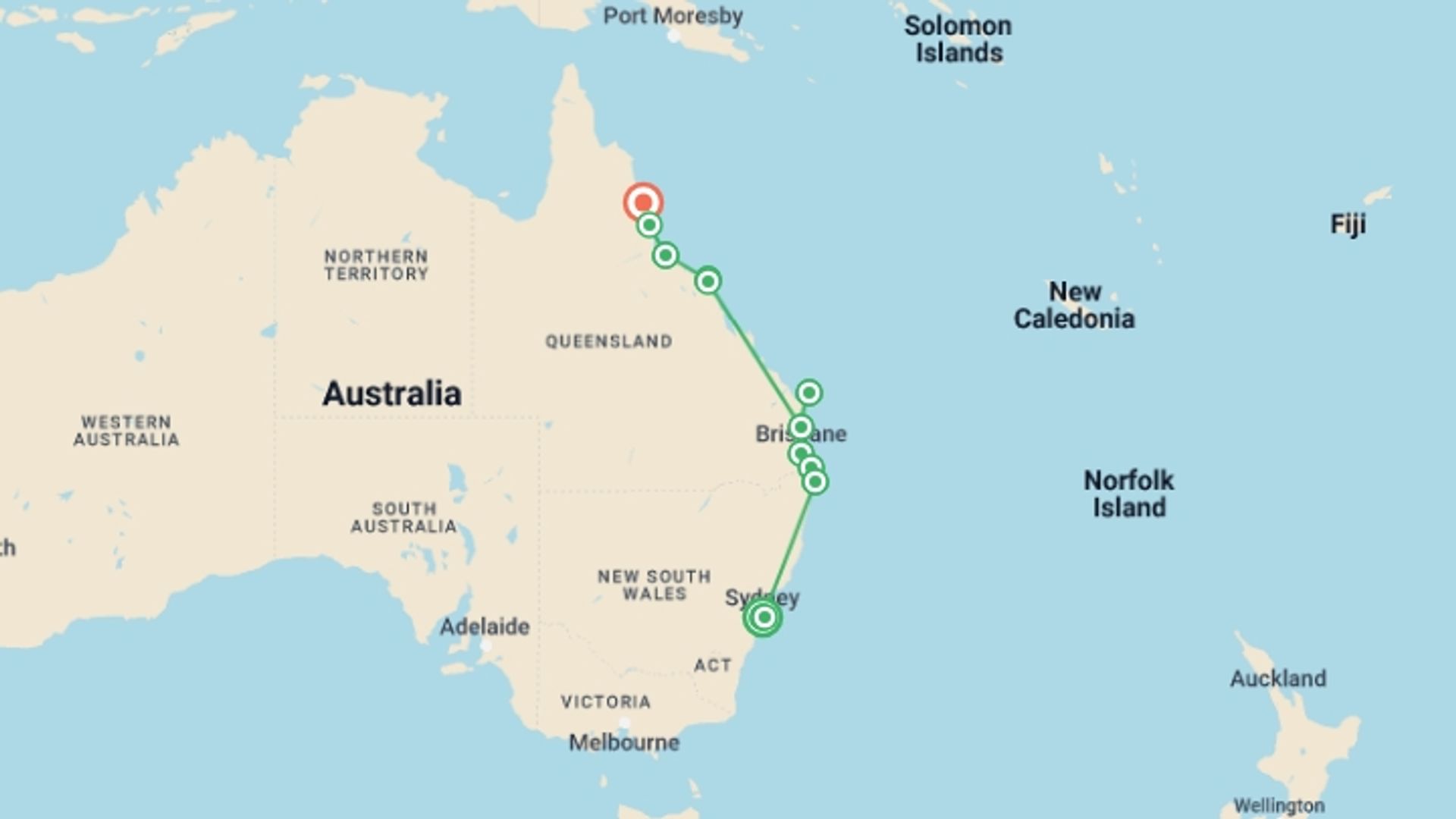 A map showing the tour itinerary for the trip: Oz East Coast 28, starting in Sydney and NSW, Australia and ending in Cairns, Australia going through 12 other destinations.