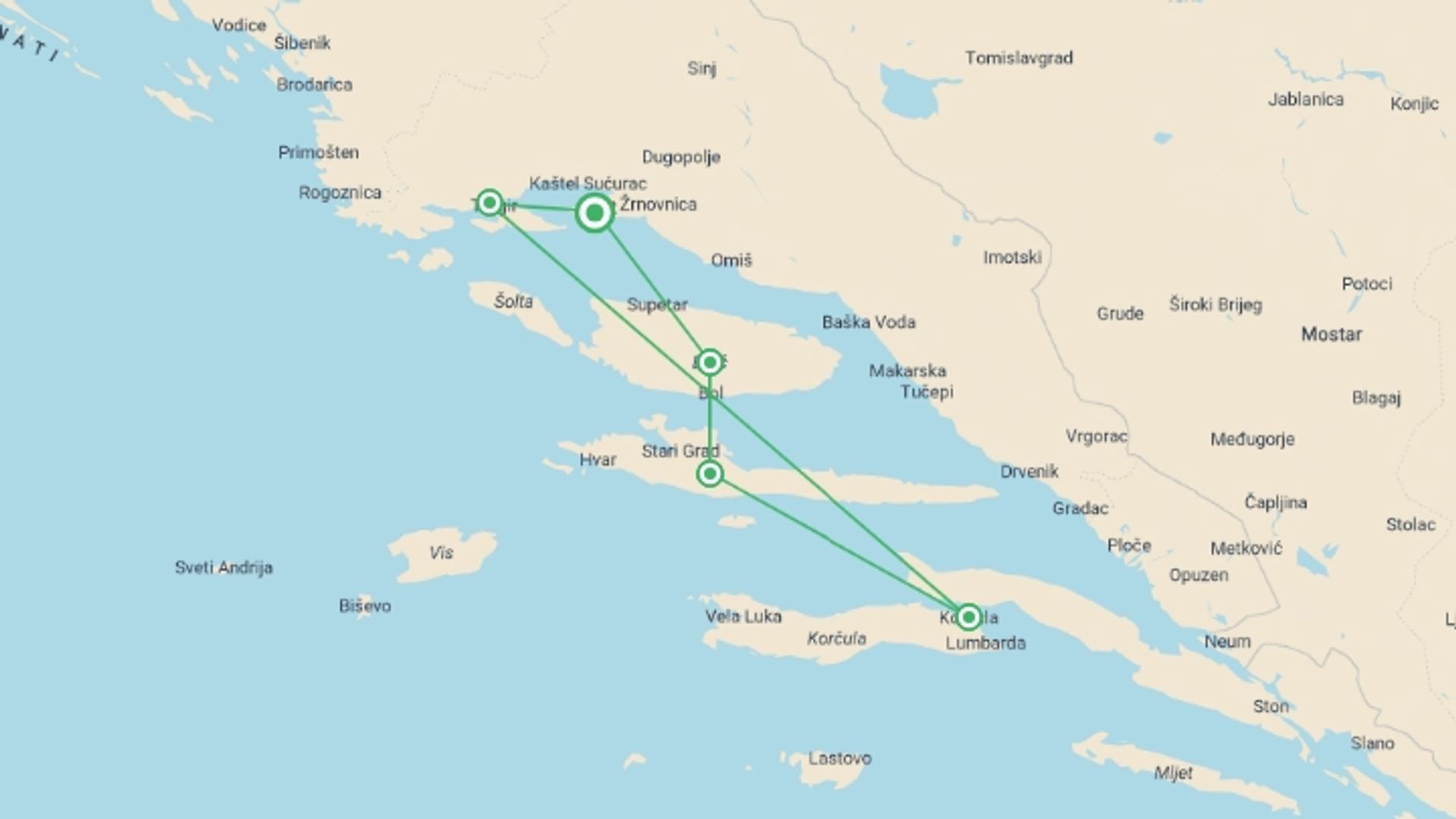 A map showing the tour itinerary for the trip: Croatia Island Hopping, 15 Days, starting in Supetar, Croatia and ending in Supetar, Croatia going through 5 other destinations.