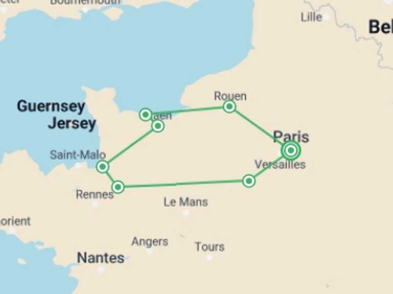 Map of Paris Explorer Tour with 2 destination visits for the trip: Brittany and Normandy