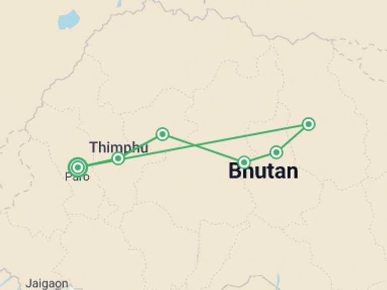 Map itinerary of Thimphu Tour in June 2026 with 6 destination visits for the trip: Highlights of the Trans Bhutan Trail