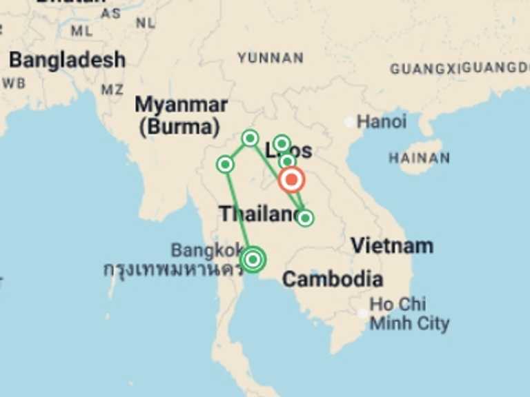 Map of Luang Prabang Countryside and village visits Tour with 7 destination visits for the trip: Thailand & Laos Adventure