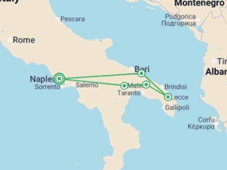 Map itinerary of Mediterranean Tour in October 2026 with 5 destination visits for the trip: Secrets of Puglia