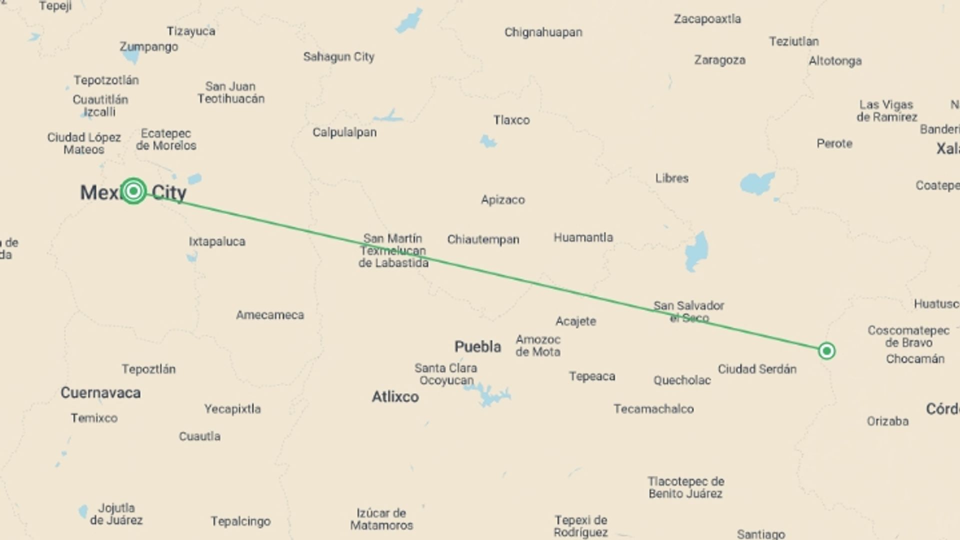 A map showing the tour itinerary for the trip: Pico de Orizaba 2D/1N (from Mexico City), starting in Mexico City, Mexico and ending in Mexico City, Mexico going through 1 other destinations.