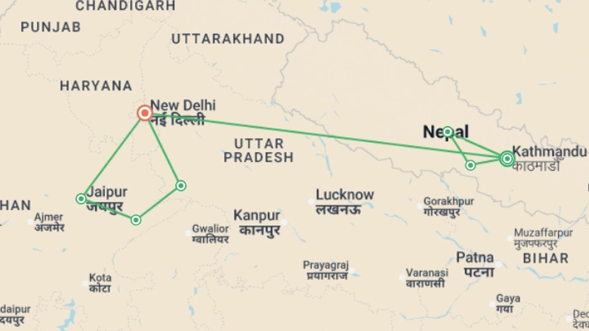 A map showing the tour itinerary for the trip: Highlights of Nepal & India - 16 days, starting in Kathmandu, Nepal and ending in New Delhi, India going through 5 other destinations.