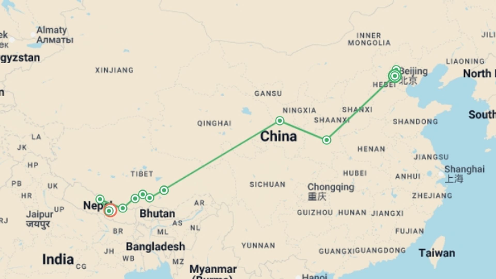 A map showing the tour itinerary for the trip: Tibet: Beijing to Kathmandu Overland, starting in Beijing, China and ending in Kathmandu, Nepal going through 8 other destinations.