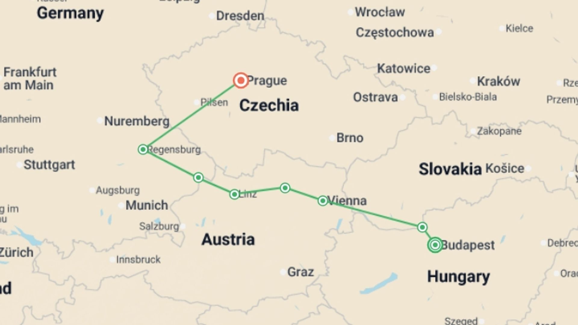 A map showing the tour itinerary for the trip: Delightful Danube & Prague (2027), starting in Budapest, Hungary and ending in Prague, Czech Republic going through 0 other destinations.