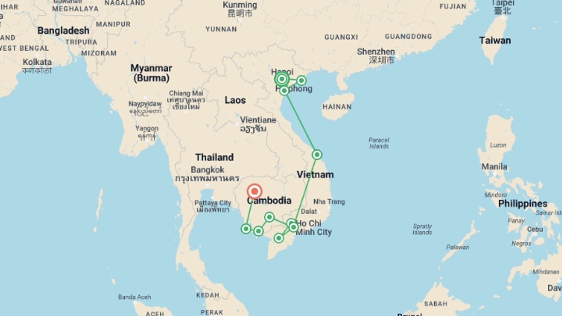 A map showing the tour itinerary for the trip: Vietnam + Cambodia 21 day, starting in Hanoi, Vietnam and ending in Siem Reap, Cambodia going through 8 other destinations.